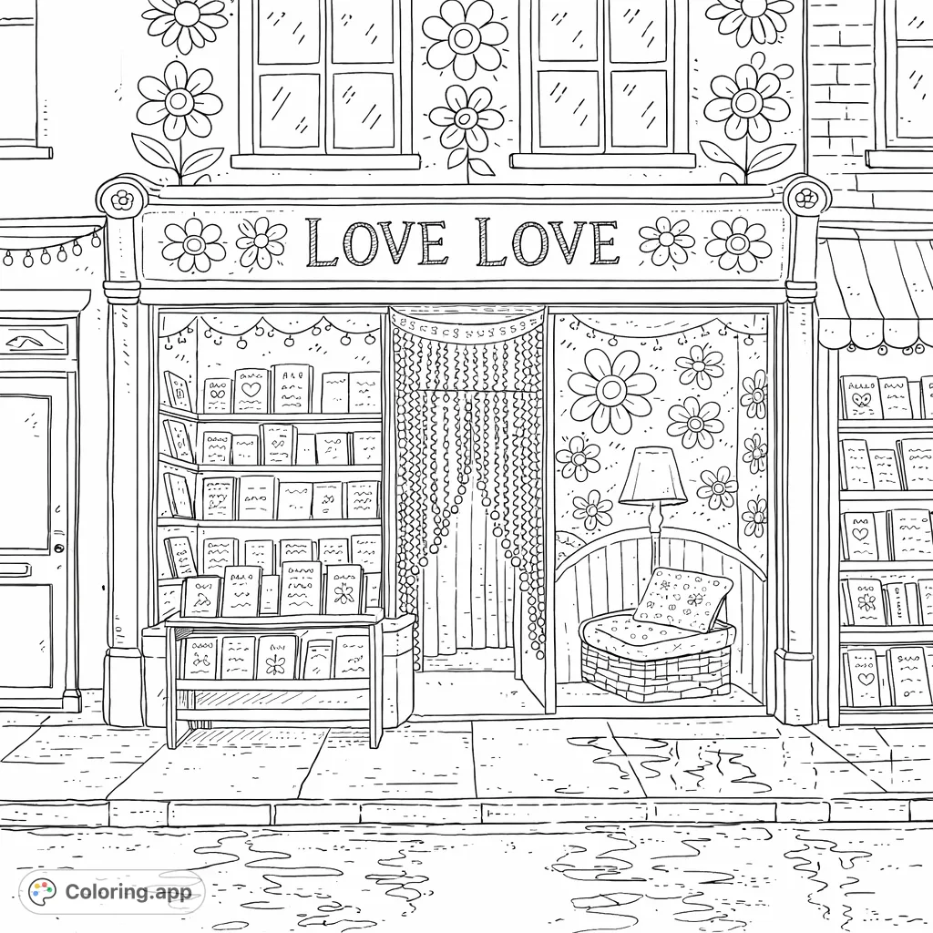 Step into a delightful world with this charming storefront coloring page, featuring floral patterns, inviting bookshelves, and a cozy reading nook. A perfect escape!