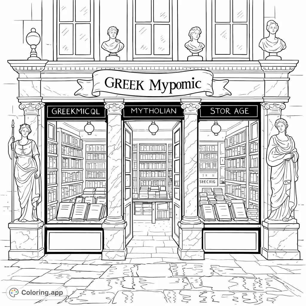 Explore an enchanting Greek-themed bookstore facade, filled with classical statues, packed bookshelves, and glowing windows, perfect for mindful coloring.