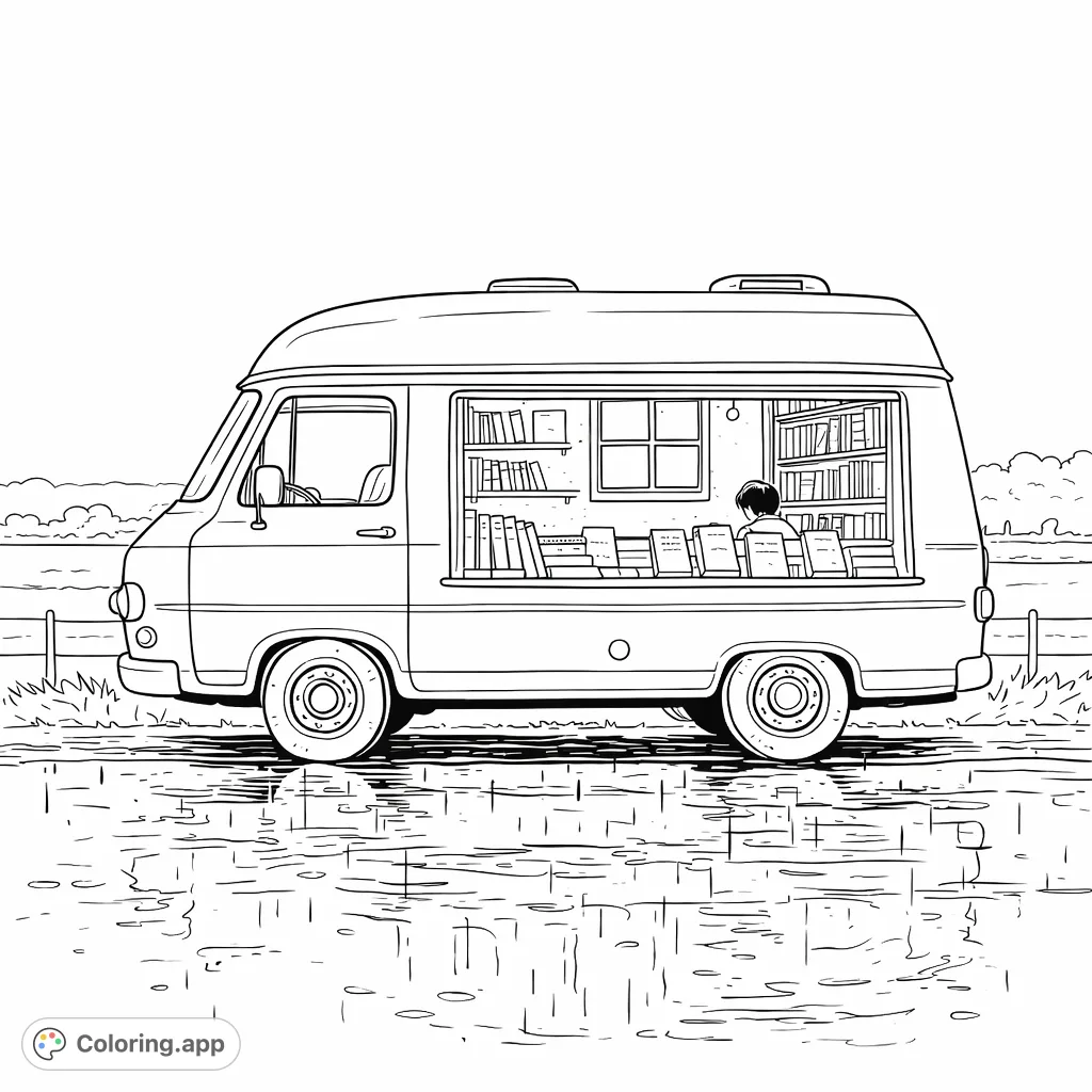 Discover a charming mobile bookstore, filled with stacked books and a reader, reflected in puddles on a quiet road amidst rolling hills.
