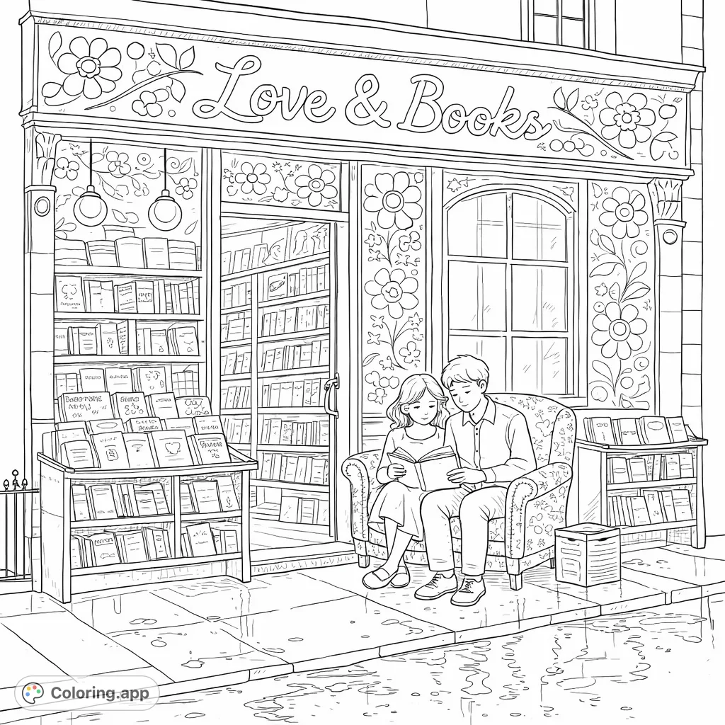 Discover the charm of a cozy bookshop scene with a couple immersed in a shared book. Intricate details abound, from floral facade patterns to numerous books.
