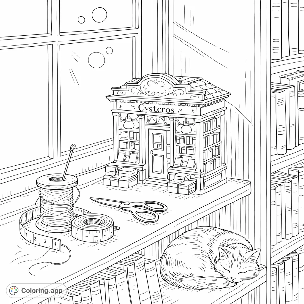 Discover a charming miniature bookstore display on a sunlit windowsill, surrounded by sewing notions and a peacefully sleeping cat. A delightful scene for mindful coloring.