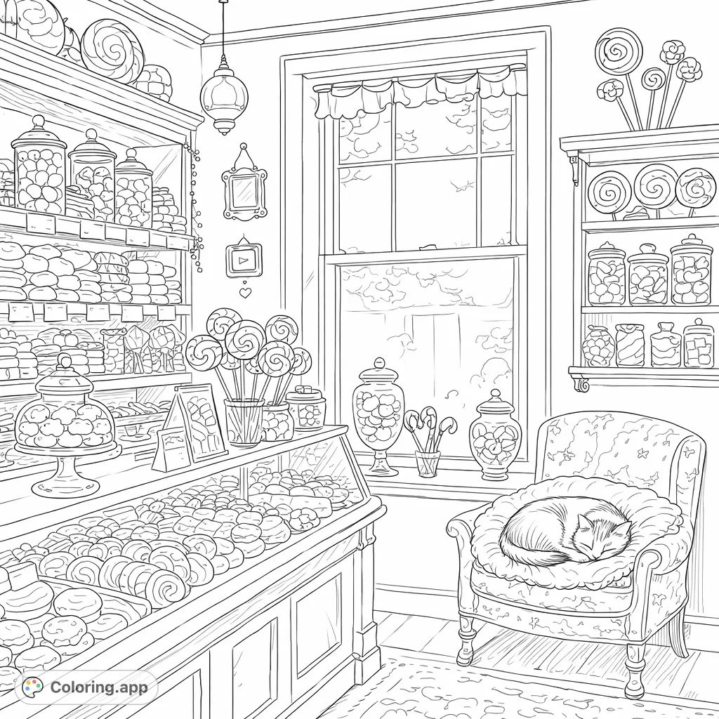 A charming candy shop scene with shelves full of treats, a display case, and a contented cat napping on a floral armchair by a sunlit window. Perfect for relaxation!