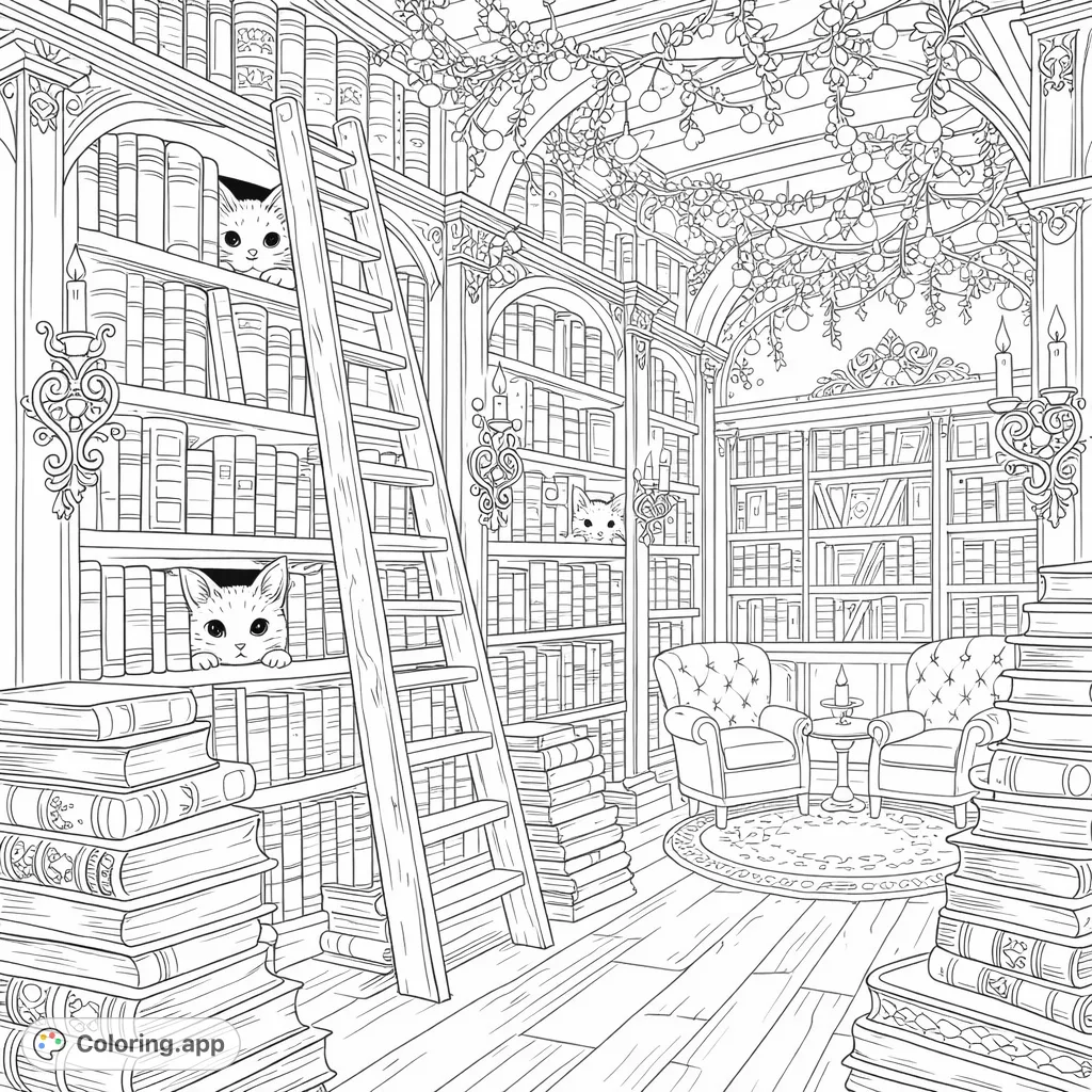 Explore an enchanting library filled with towering books, cozy armchairs, twinkling lights, and adorable, curious creatures peeking from the shelves. A magical scene to color.