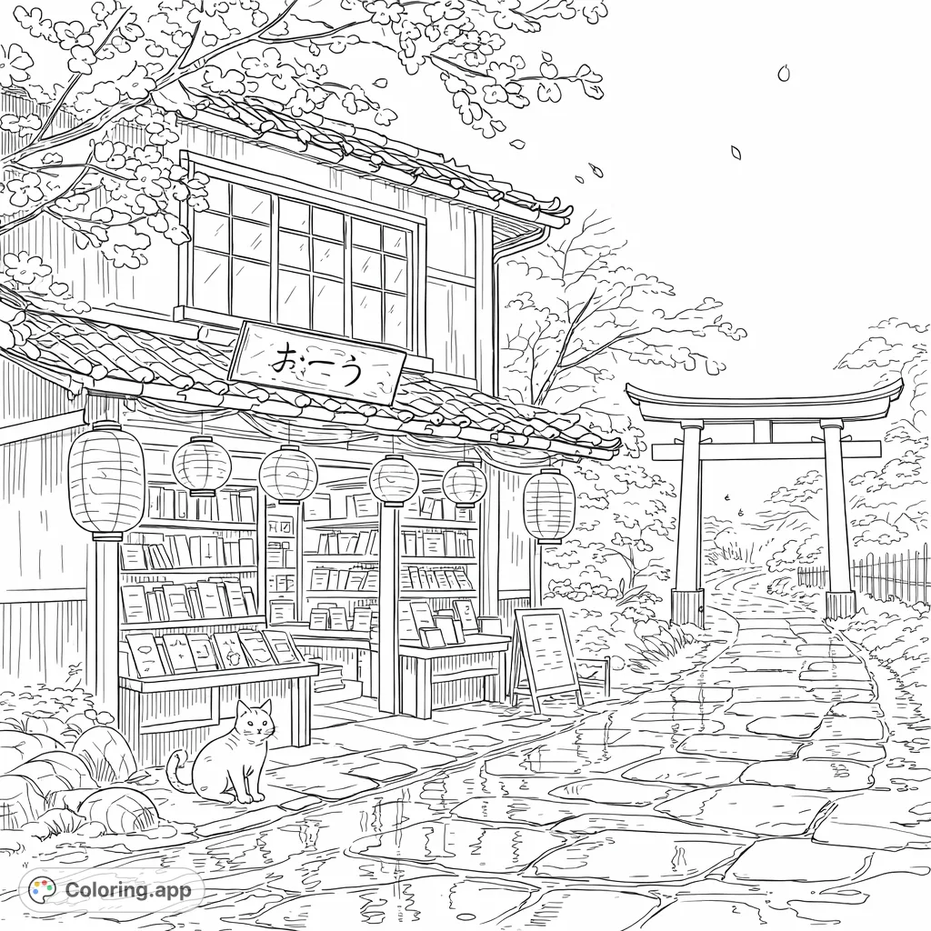 Step into a tranquil Japanese street scene with a charming bookstore, a friendly cat, and beautiful blossoms, perfect for detailed coloring.