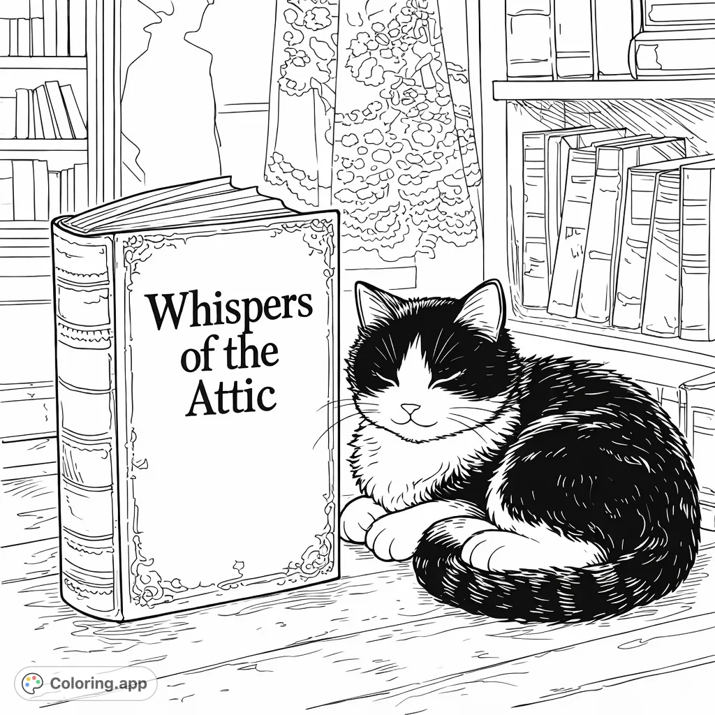 A peaceful cat slumbers beside a grand, ancient book in a warm library, inviting colorists to unwind and add personal touches to this serene scene.