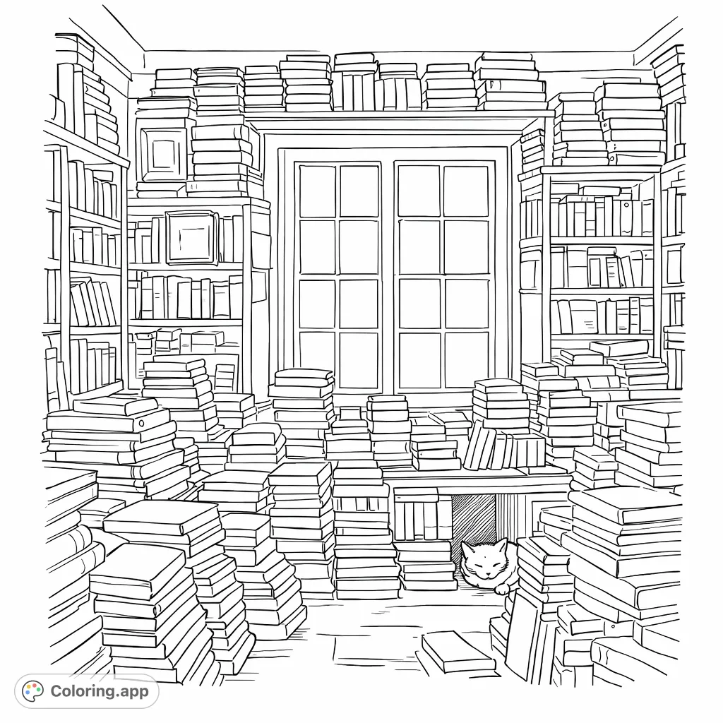 Explore a cozy library nook overflowing with books and a hidden cat. Perfect for book lovers seeking a detailed, tranquil coloring experience.