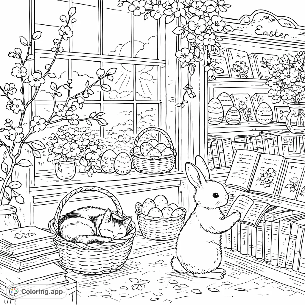 A delightful spring scene with a bunny reading by a bookshelf, a sleeping cat in a basket, and festive oval decorations, perfect for a cozy coloring adventure.