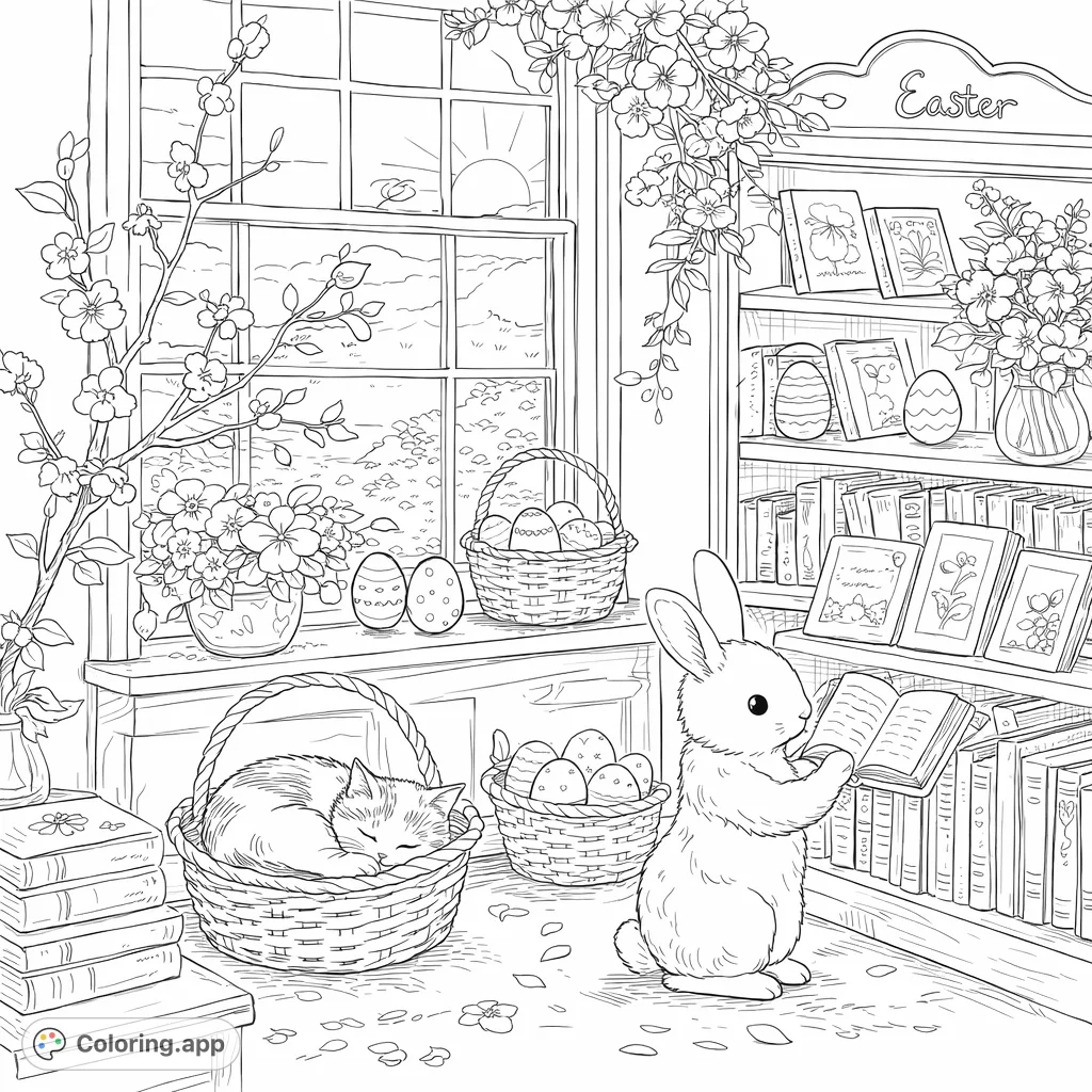 Discover a charming spring scene with a reading bunny and a sleeping cat in a cozy room filled with baskets of eggs, books, and delicate floral decorations.