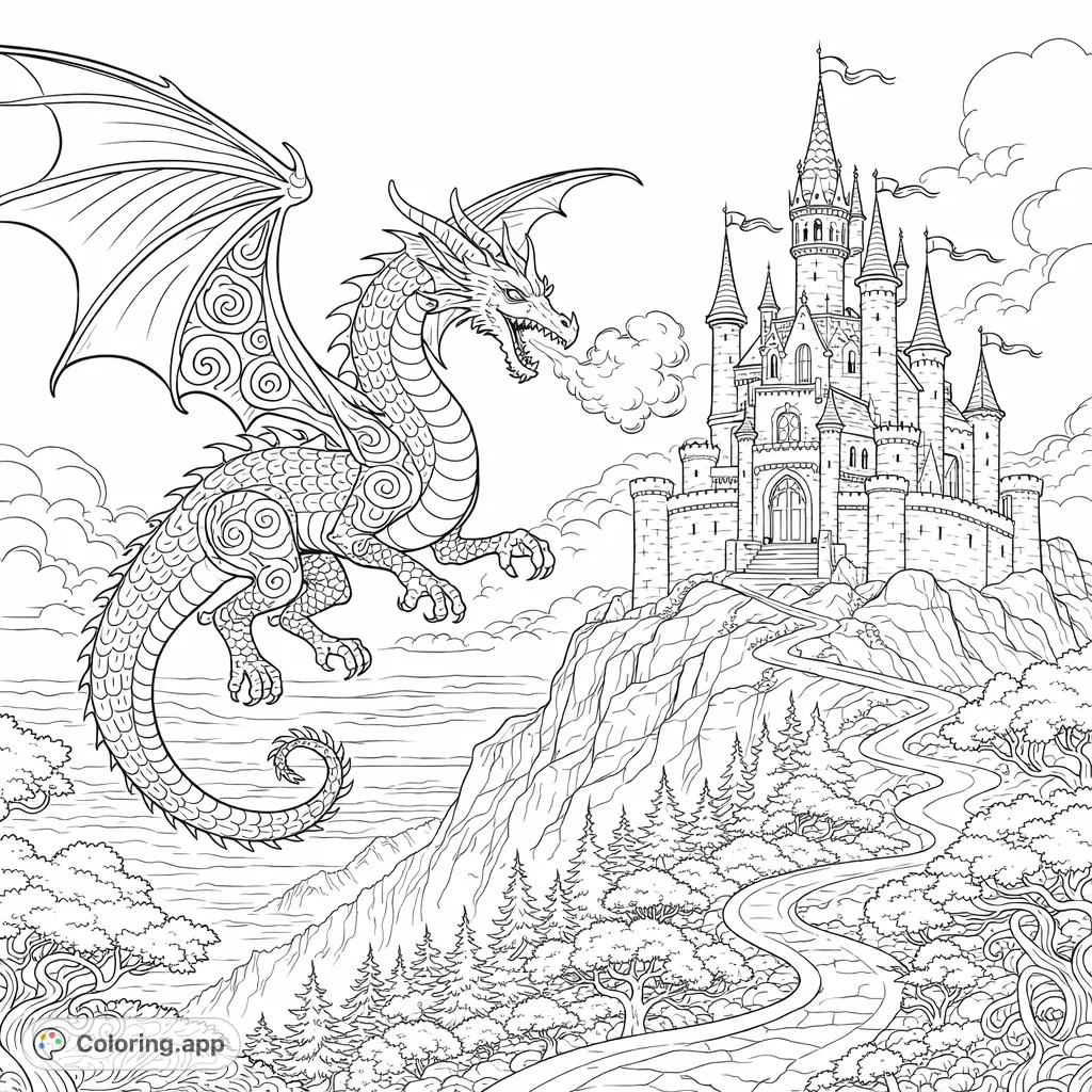 A magnificent dragon soars over a majestic castle perched on a rugged mountain. Intricate details invite a fantastical coloring adventure for all ages.