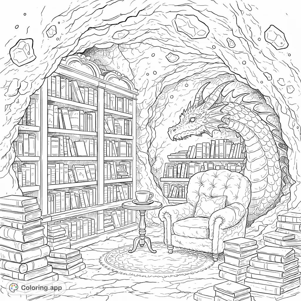 Discover a magical cave library guarded by a wise dragon, surrounded by towering bookshelves, a cozy armchair, and ancient texts. A fantastic dragon coloring page.