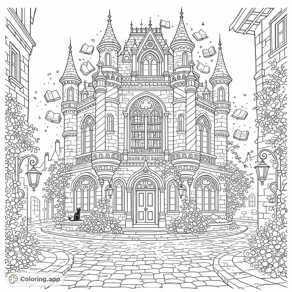 Immerse yourself in a magical street scene featuring an ornate book tower, floating books, a curious cat, and flowering vines. Perfect for fantasy enthusiasts.