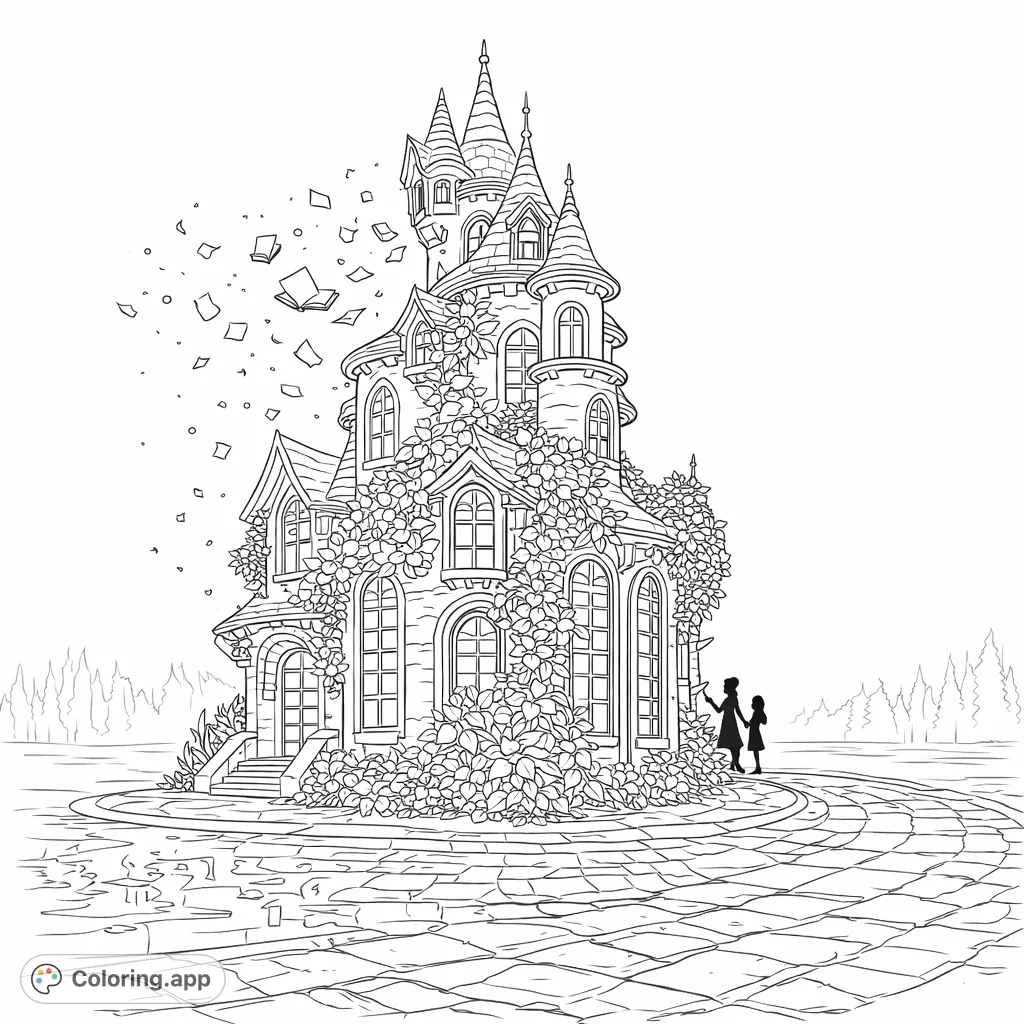 Discover a magical castle adorned with vines and floating books. This intricate design offers a whimsical escape for fantasy enthusiasts and skilled colorists.