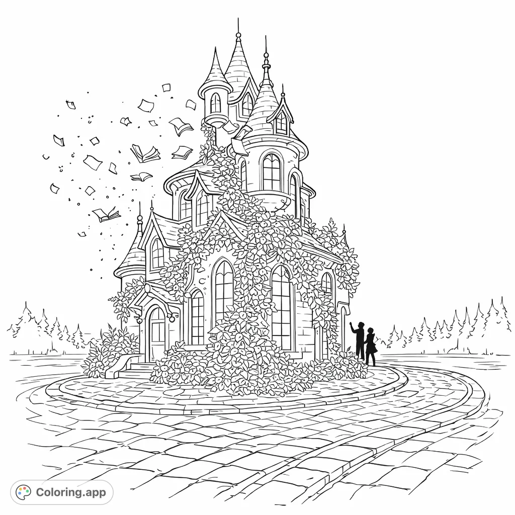Discover a magical castle adorned with vines and glowing windows, where books float freely amidst sparkling light. A whimsical scene for coloring.