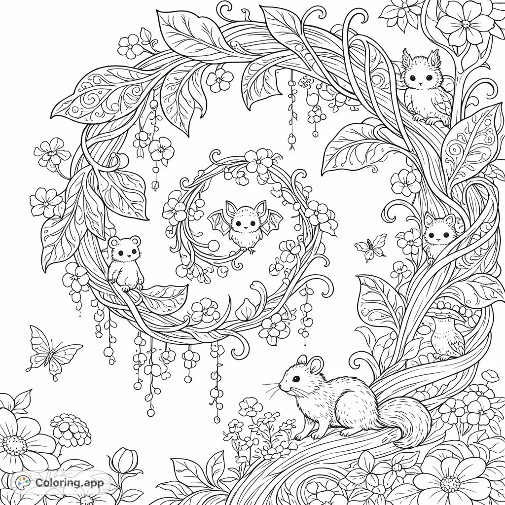 Discover an intricate enchanted forest spiral with charming woodland creatures, winding vines, delicate flowers, and playful butterflies.