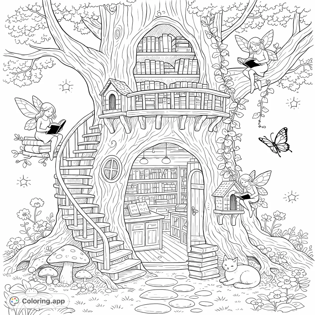 Explore an enchanted tree library home to reading fairies, a curious cat, and endless books. A whimsical scene for imaginative coloring adventures.
