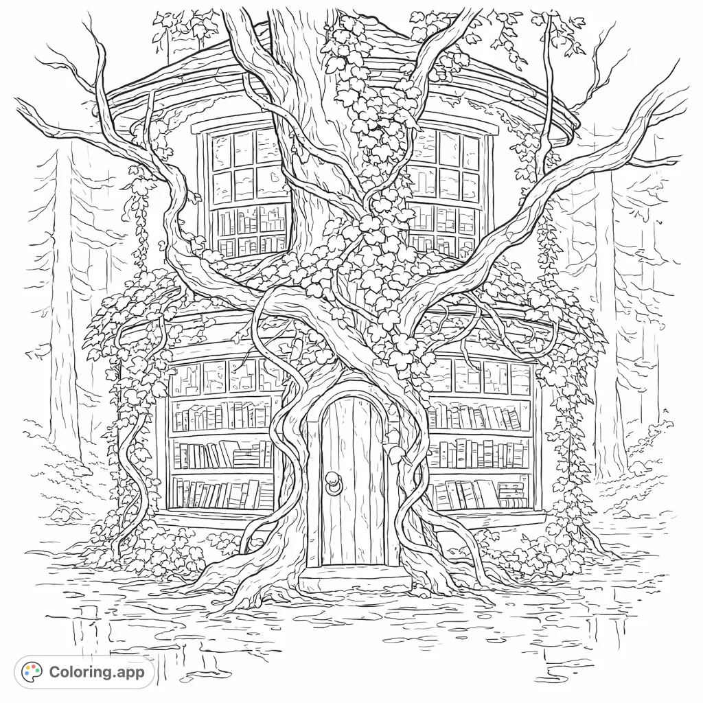 Discover a magical treehouse library, intricately woven with ancient branches and ivy, inviting you into a world of books and woodland enchantment.