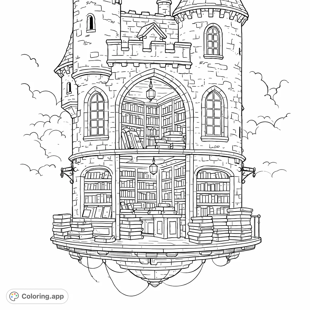 A whimsical castle tower floating amongst clouds, filled with books, an inviting library, and a charming bookstore, ready for your creative touch.
