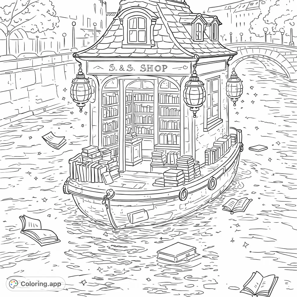 Discover a whimsical floating bookstore nestled on a tranquil canal, surrounded by drifting books and glowing elements. Perfect for imaginative minds.