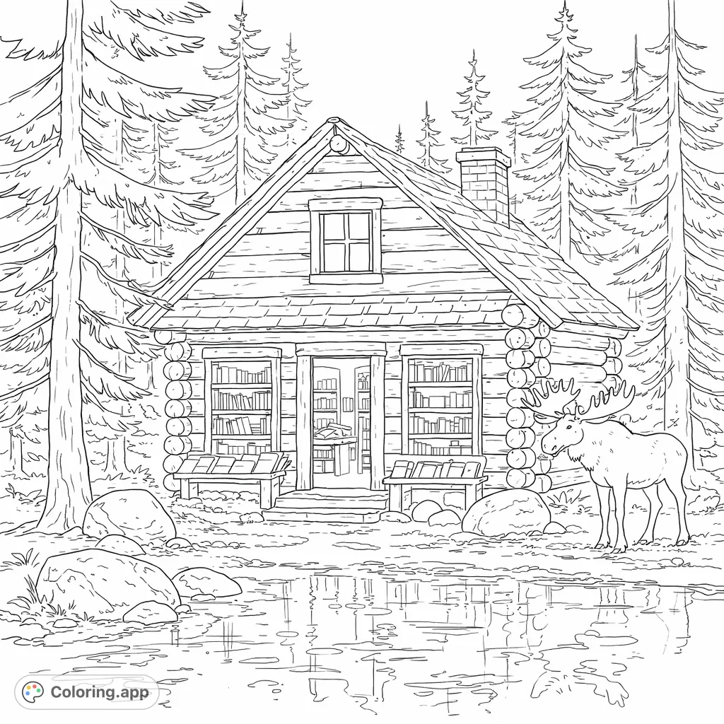 A charming log cabin with bookshelves, nestled in a forest. A majestic moose stands by a reflective pond. Enjoy this serene nature and literary scene.