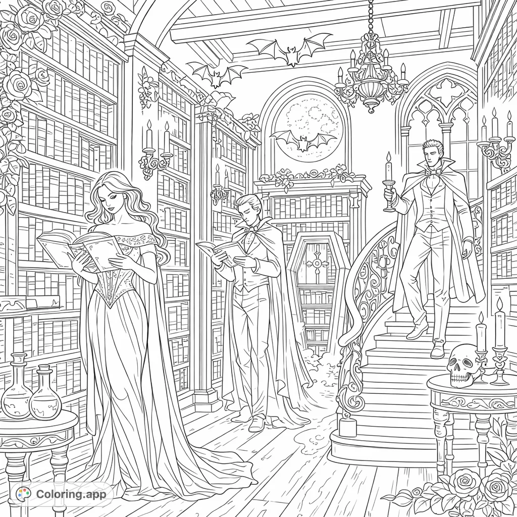Step into a gothic library where mysterious figures read amidst towering bookshelves, a grand staircase, and a moonlit window, evoking a classic vampire tale.