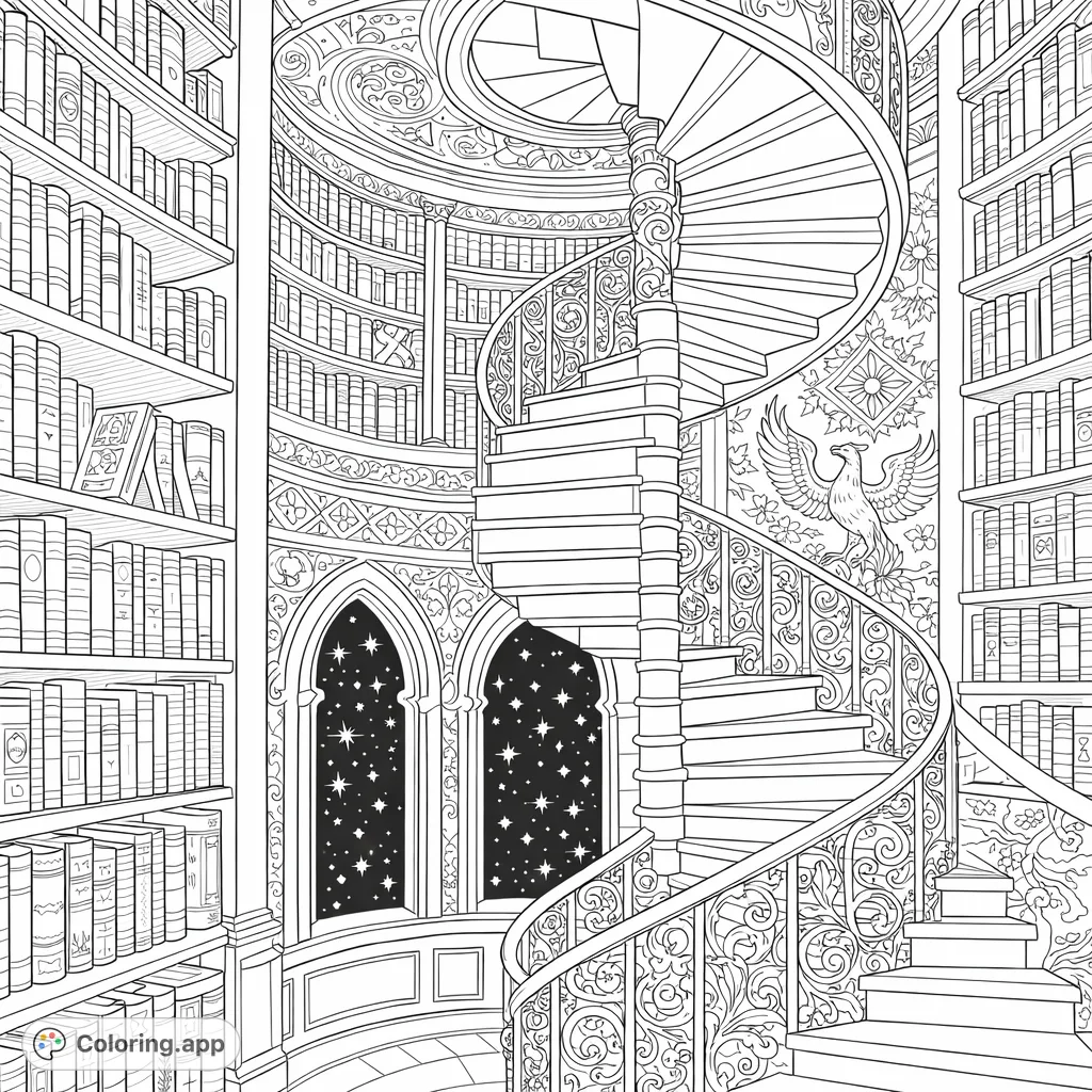 Explore a magnificent library with a detailed spiral staircase, endless books, and arched windows revealing a starry night. Intricate patterns adorn the walls.