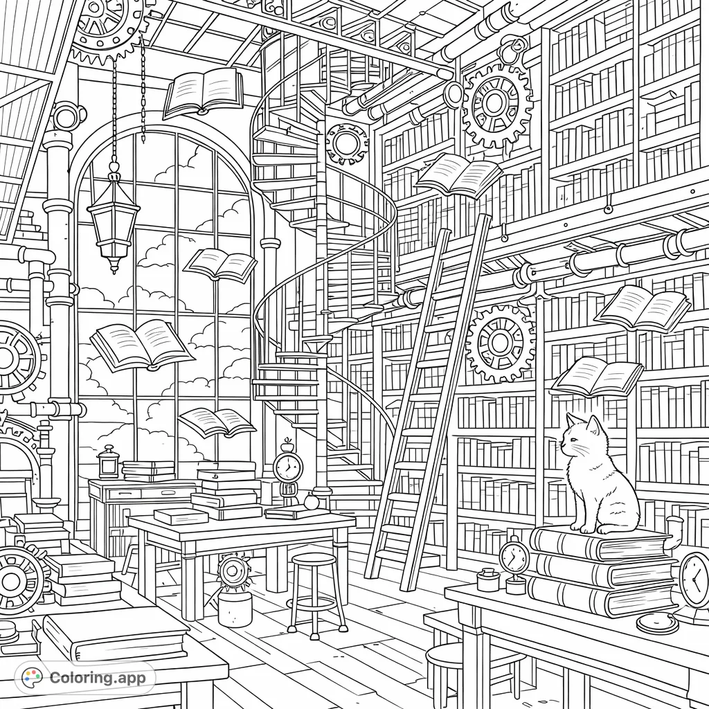 Explore a magnificent steampunk library with towering bookshelves, intricate gears, a spiral staircase, and books floating near a grand window. A curious cat perches on a stack of books, adding a touch of charm.