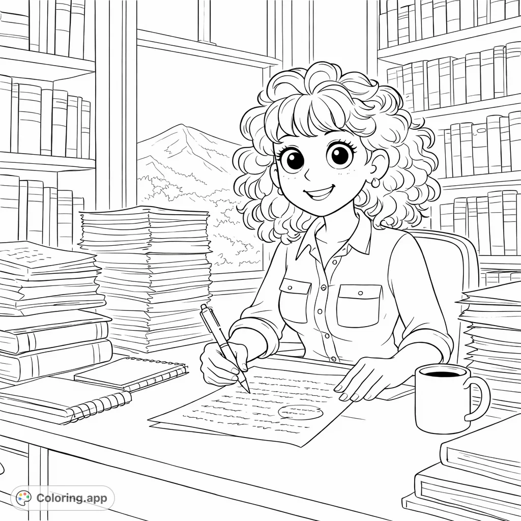 A cheerful individual immersed in study at a desk piled with books and papers, featuring a serene mountain view from a library window. Perfect for relaxation.