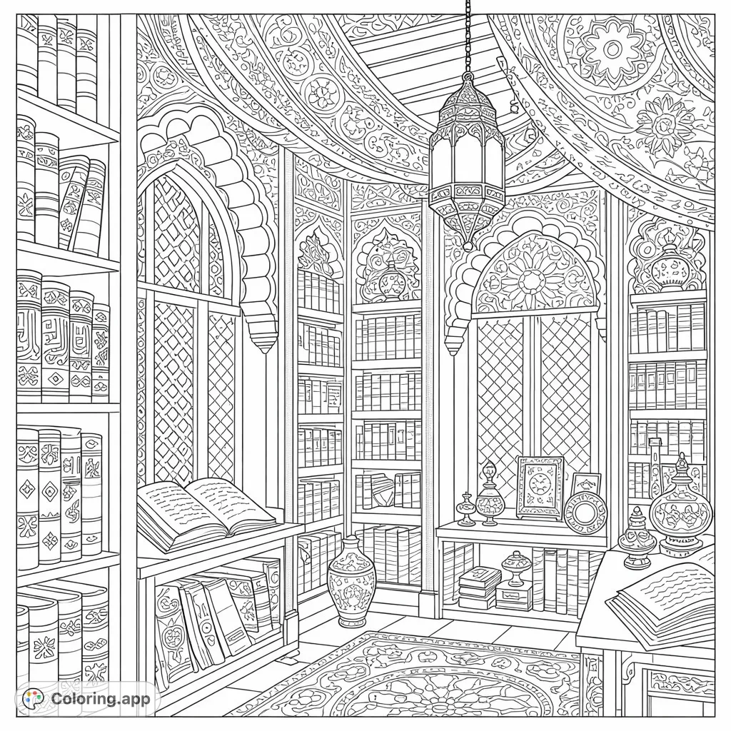 Immerse yourself in this intricately detailed library coloring page. Explore ornate shelves, arched windows, and a hanging lantern in a scholarly, patterned sanctuary.