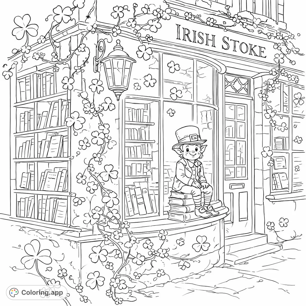 A whimsical leprechaun perches on books in a charming Irish store window, surrounded by clovers and glowing lanterns. A delightful St. Patrick's Day coloring page.