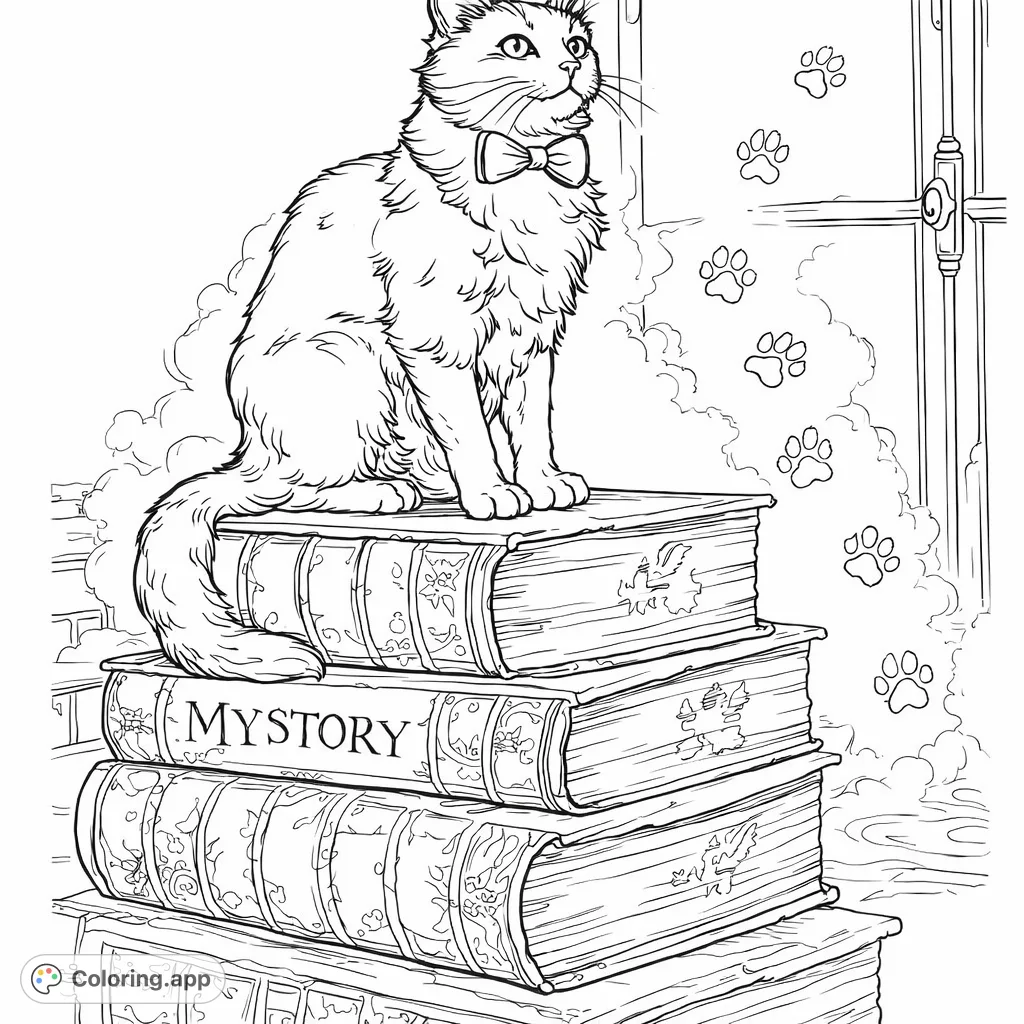 A distinguished tuxedo cat sits atop a stack of ancient books, observing a whimsical trail of paw prints ascending towards a sunlit window. Perfect for cat lovers!
