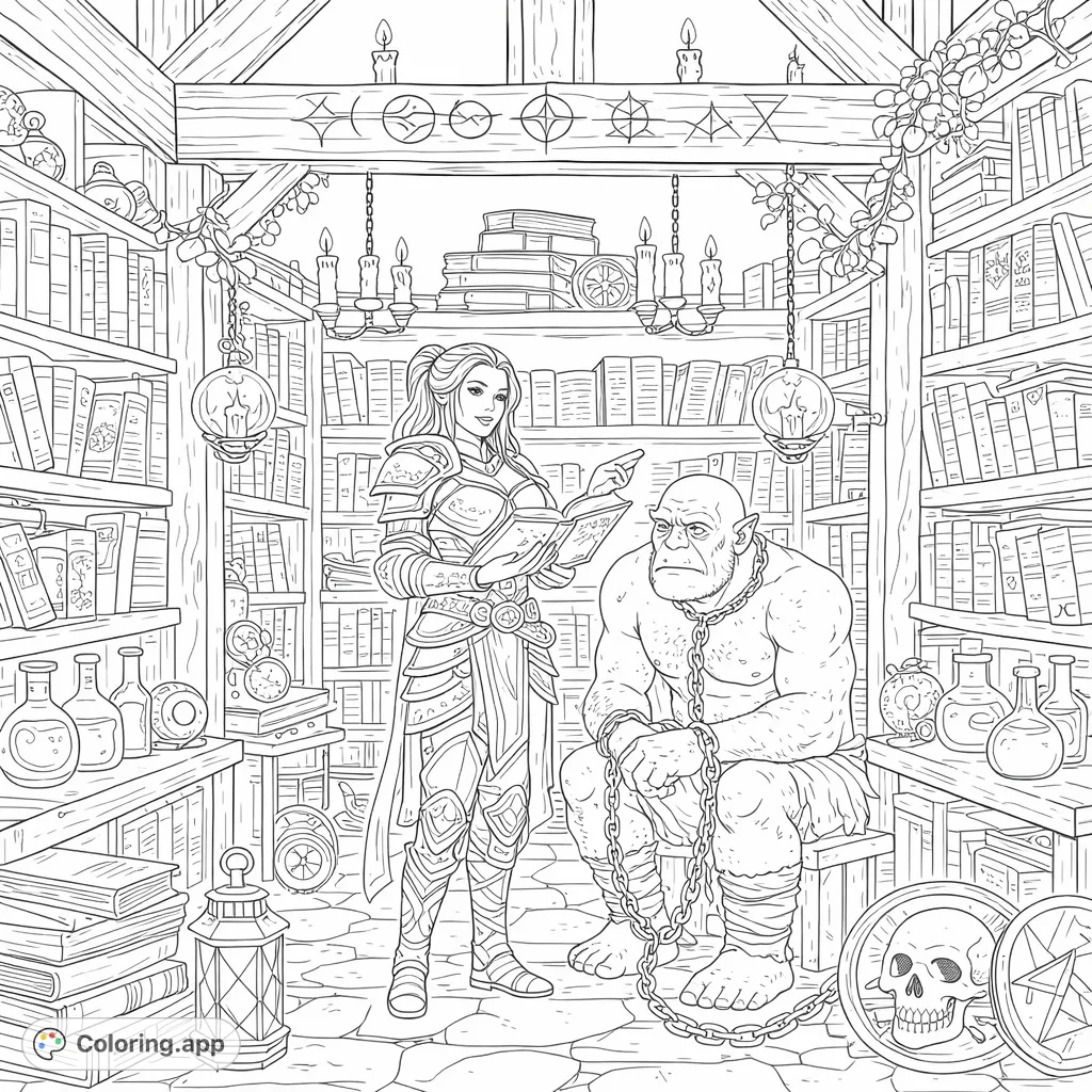 Explore a fantasy library scene where a scholar instructs a chained guardian amidst towering bookshelves, ancient texts, and mysterious artifacts.