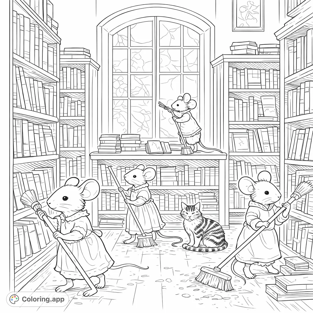 Delightful library scene featuring four diligent mice and a calm cat tidying bookshelves and floors. Perfect for detailed coloring fun.