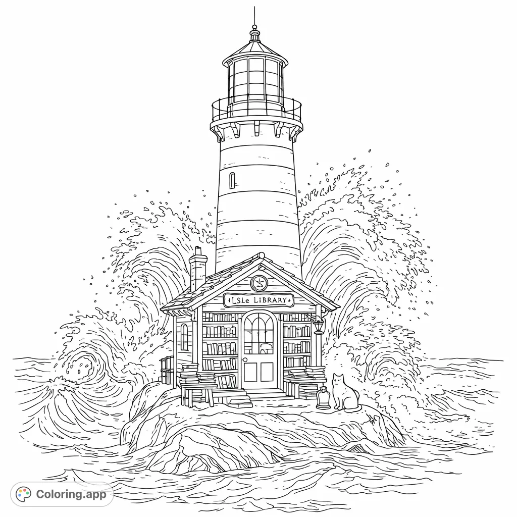 Color a charming lighthouse bookshop on a rocky island, surrounded by dynamic waves and a curious cat. A detailed scene for creative relaxation.