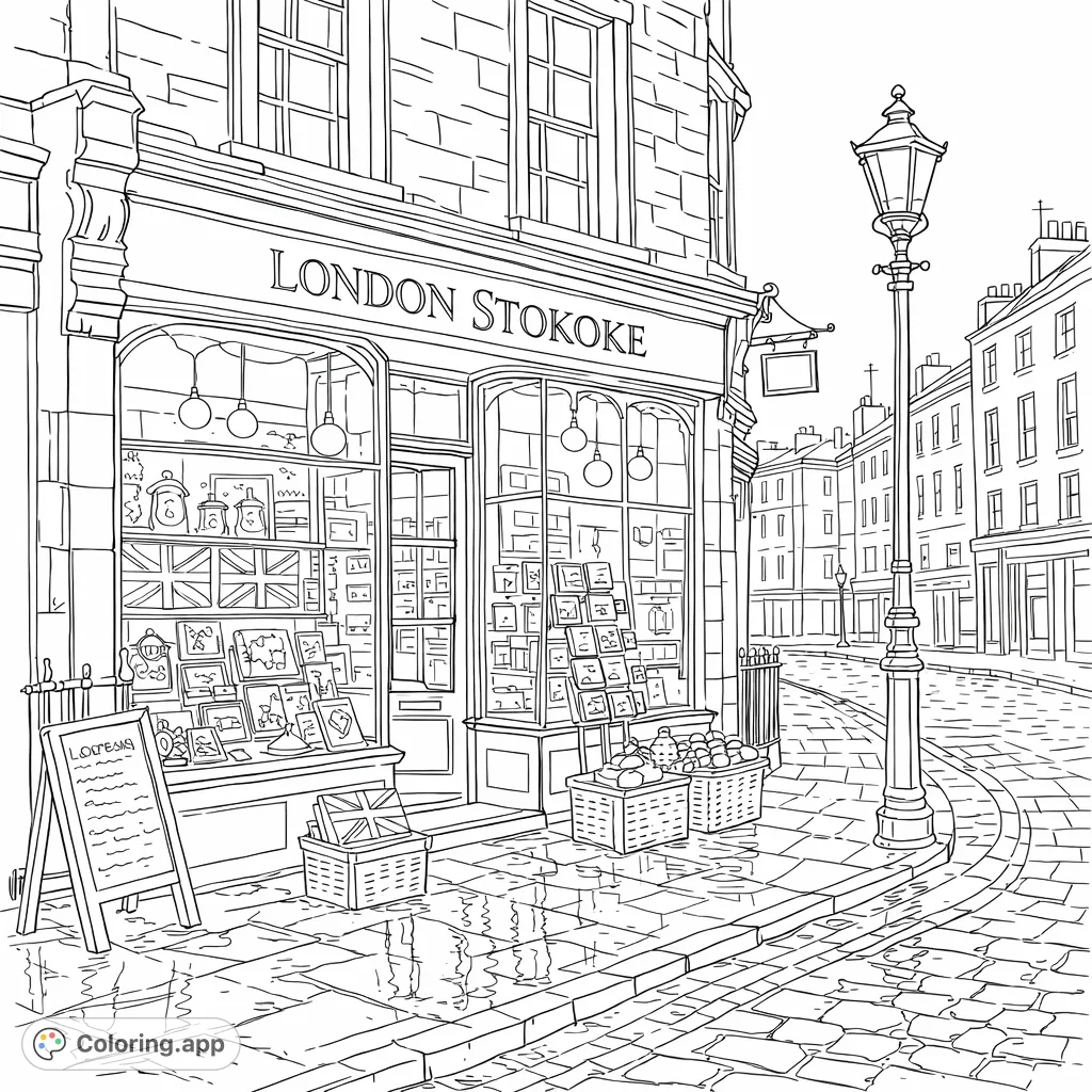 Step into a charming London street scene with a warmly lit shopfront, detailed merchandise displays, and a classic lamppost on a cobblestone road.