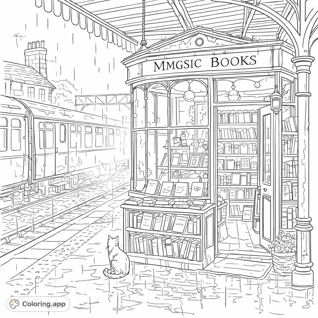 Step into a cozy world with this enchanting "Magic Books" shop on a rainy train platform, featuring a curious cat and a distant train.