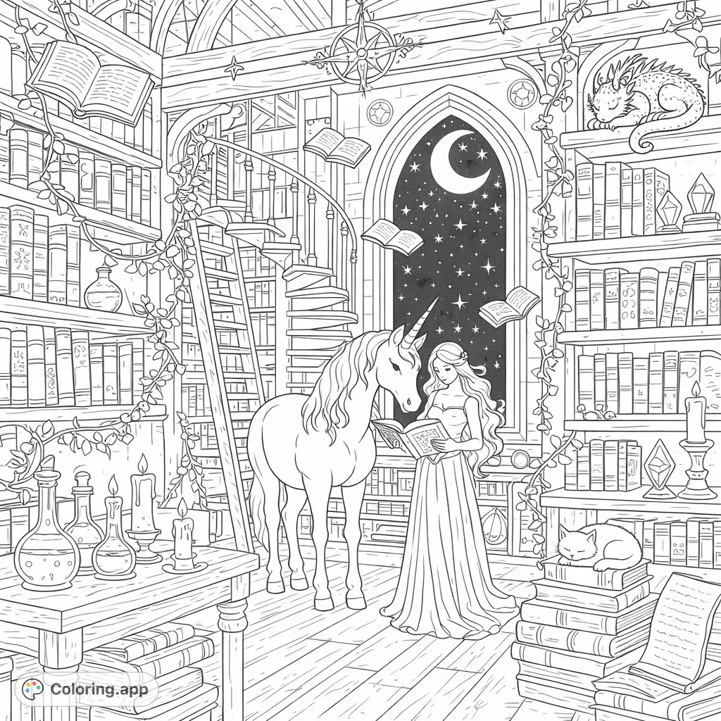 Enter a wondrous library where a girl and her unicorn read under a starry sky. Filled with books, a sleeping cat, and magical elements, this fantasy scene awaits your creative touch.