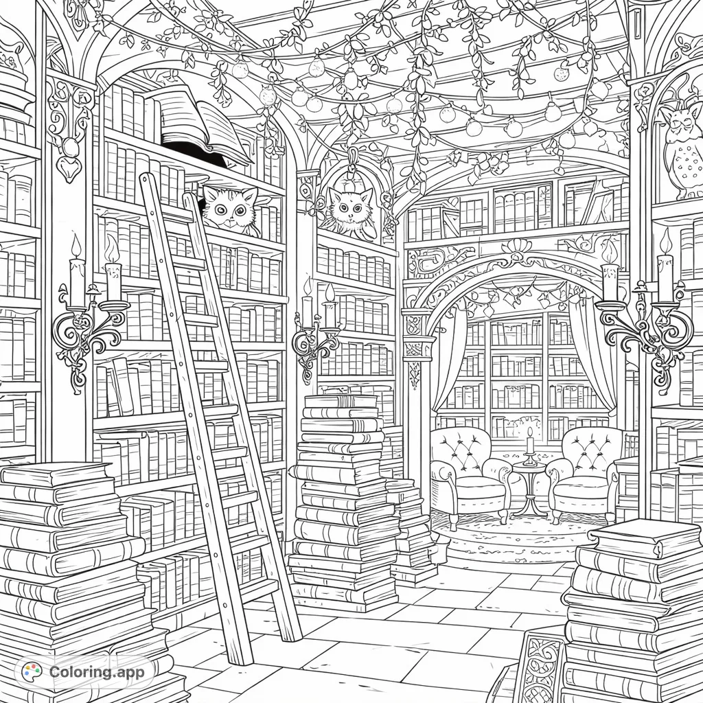 Explore a whimsical library with towering bookshelves, cozy reading nooks, and playful creatures peeking from above. A detailed design perfect for all ages.