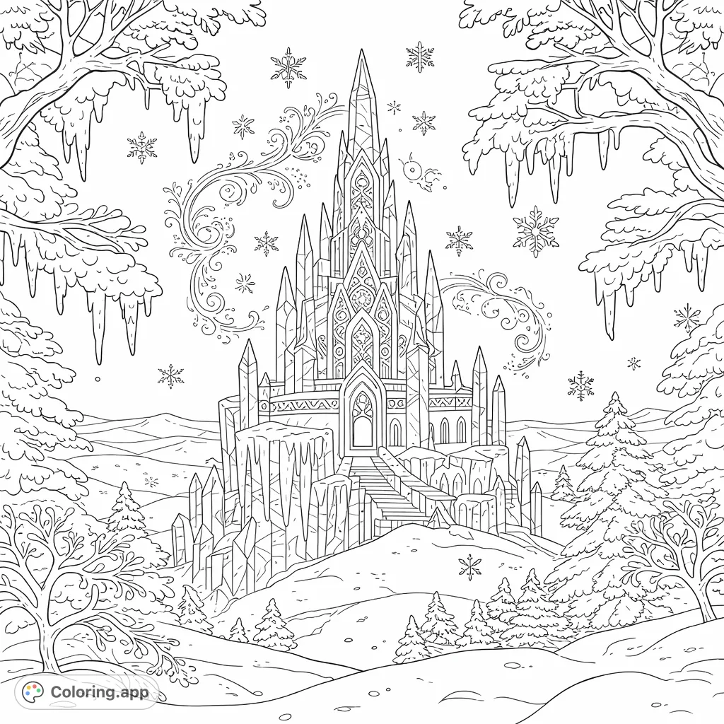 Color a magnificent ice castle adorned with intricate patterns, nestled in a snowy wonderland with frosty trees, sparkling icicles, and delicate snowflakes.
