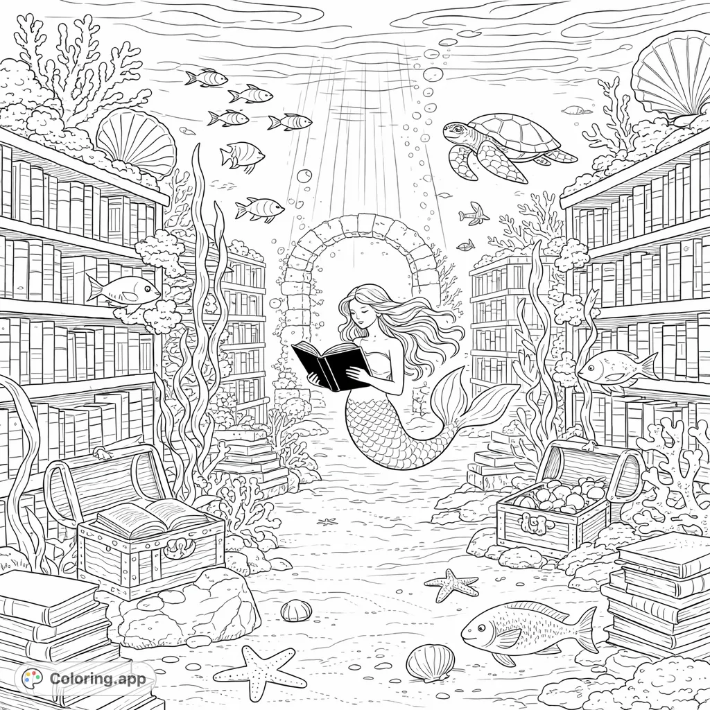 Dive into a magical underwater library with a reading mermaid, surrounded by detailed bookshelves, marine life, and hidden treasures. A serene escape!