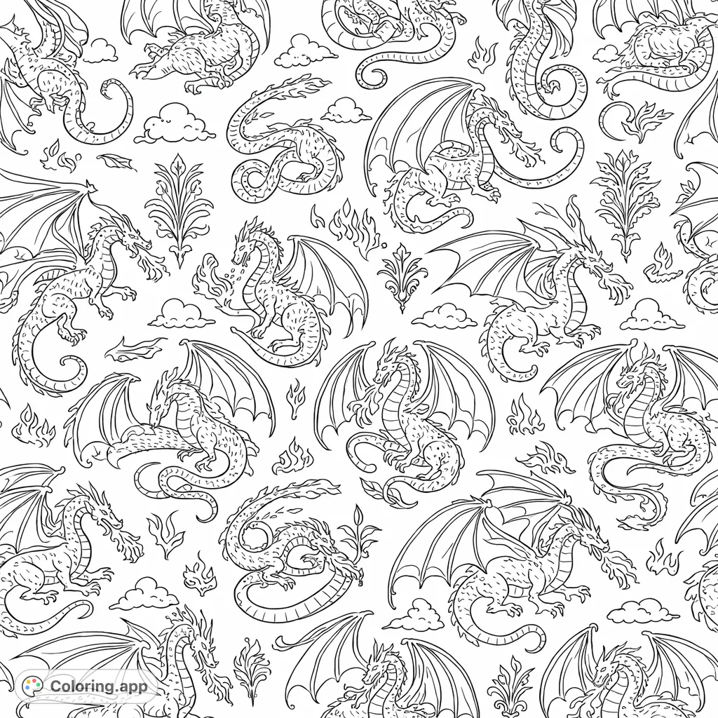 Dive into a mythical world with a seamless pattern of various dragons flying, breathing fire, and resting, surrounded by clouds and decorative motifs. A fantasy coloring page for all ages.