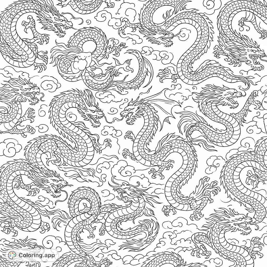 An intricate pattern of mythical dragons soaring amidst swirling clouds. Perfect for fantasy enthusiasts seeking a detailed and engaging coloring adventure with legendary creatures.