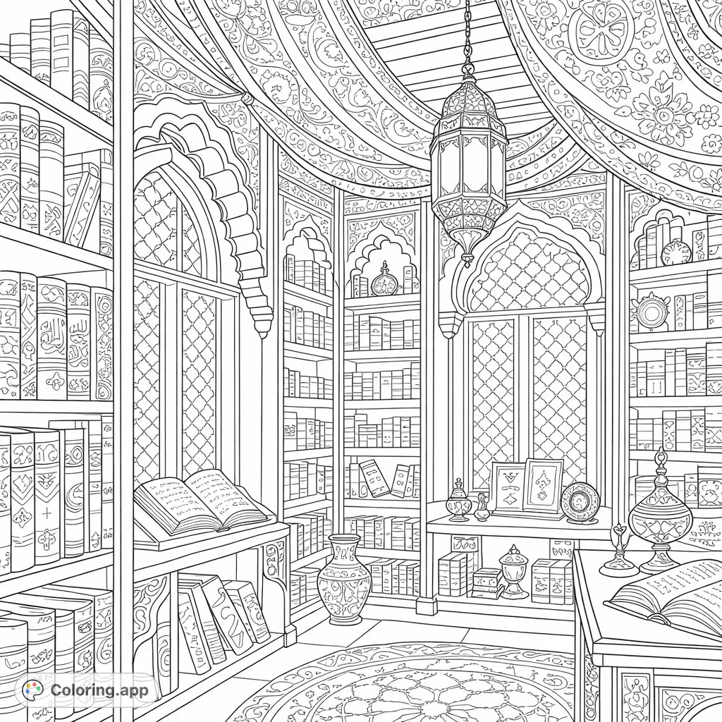 Explore a richly detailed Islamic library, featuring towering bookshelves, intricate archways, and elegant patterns. A serene scene for mindful coloring and discovery.