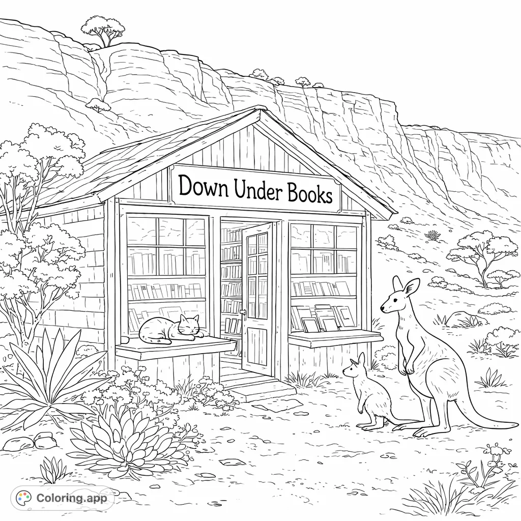 Discover a charming outback bookstore where a sleepy cat guards books and kangaroos visit! A unique scene for all ages to color.