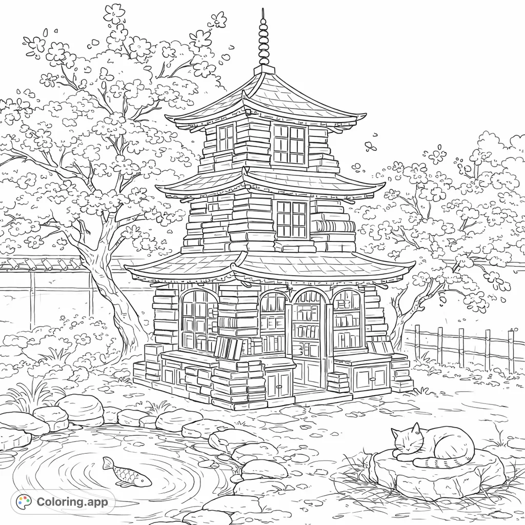 Discover a magical pagoda crafted from books, nestled under delicate blossoms with a serene pond and a sleeping cat. A whimsical literary retreat to color.