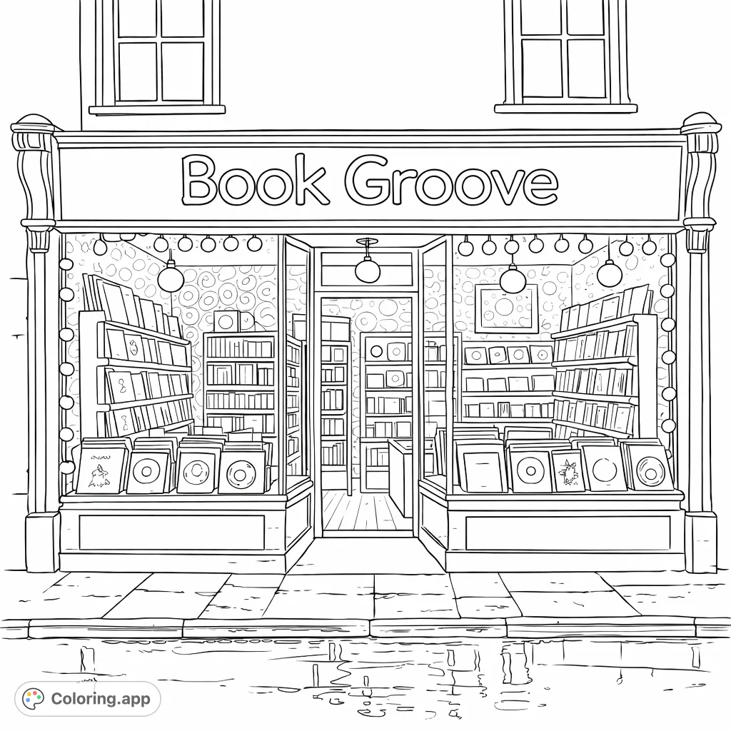 Step into a cozy, detailed retro book and record store. This intricate coloring page features shelves, records, and a neon sign, perfect for enthusiasts.