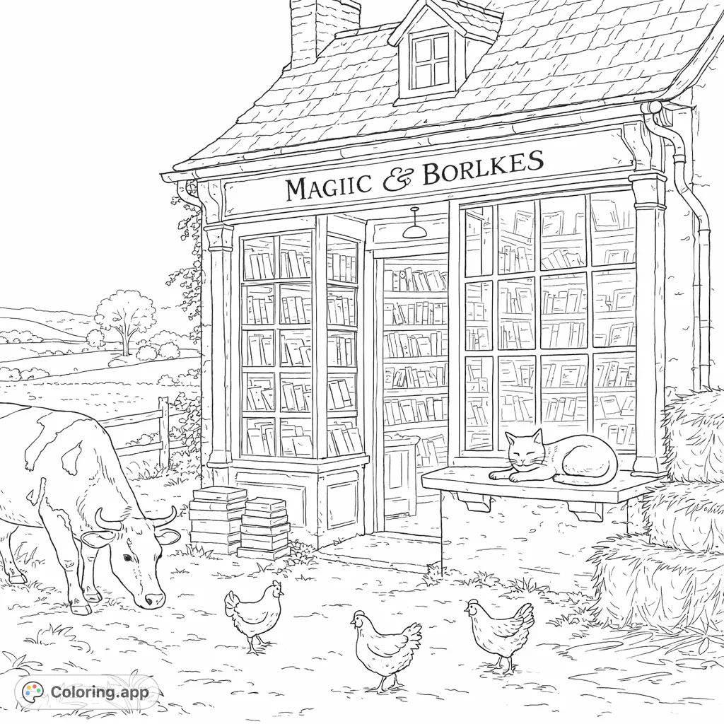 A charming rural bookshop with a sleepy cat, grazing cow, and playful chickens, nestled in a peaceful countryside setting, perfect for a cozy coloring experience.