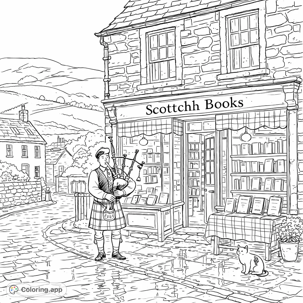 A charming scene featuring a Scottish bagpiper outside a cozy bookshop on a wet, cobblestone street, with a curious cat and distant hills.
