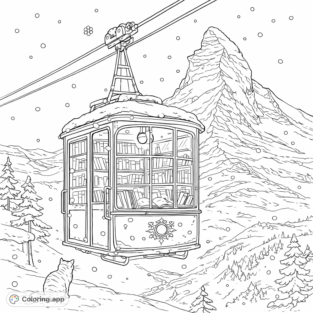 Escape to a magical winter scene with a cozy library gondola, a curious cat, and majestic snow-covered mountains. Perfect for a peaceful coloring adventure.