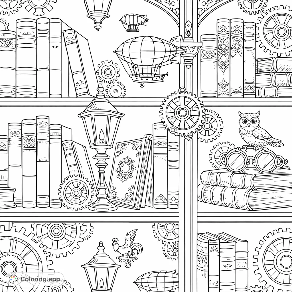 Explore a detailed steampunk library scene with shelves full of books, intricate gears, elegant airships, and an owl wearing goggles. A captivating challenge for colorists.