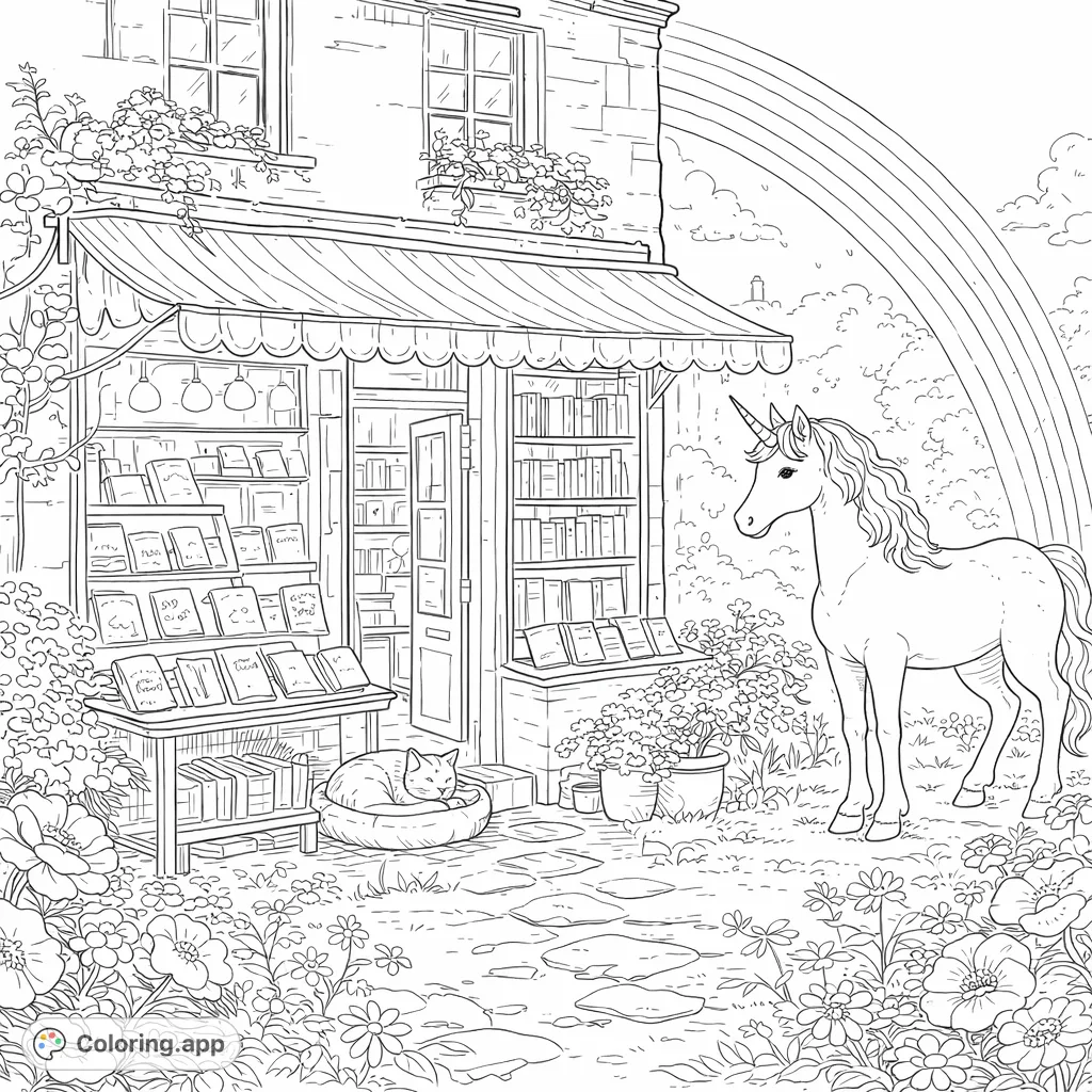 A whimsical coloring page featuring a magical unicorn outside a quaint bookstore, surrounded by flowers and a gentle rain with a rainbow.